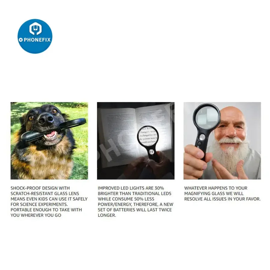 SeeZoom 3X 45X lighted soldering magnifying glass for reading, jewelry identification, and detailed soldering work by PHONEFIX.