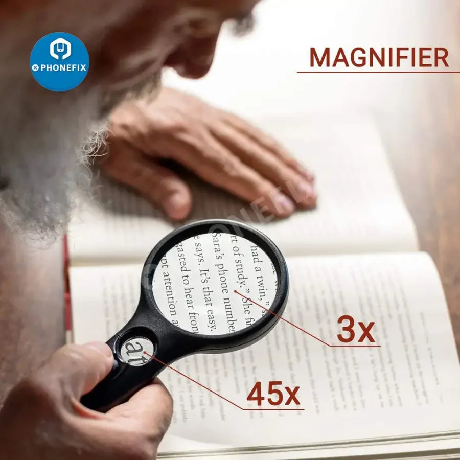 SeeZoom 3X 45X lighted soldering magnifying glass by PHONEFIX for reading, soldering, and jewelry identification.