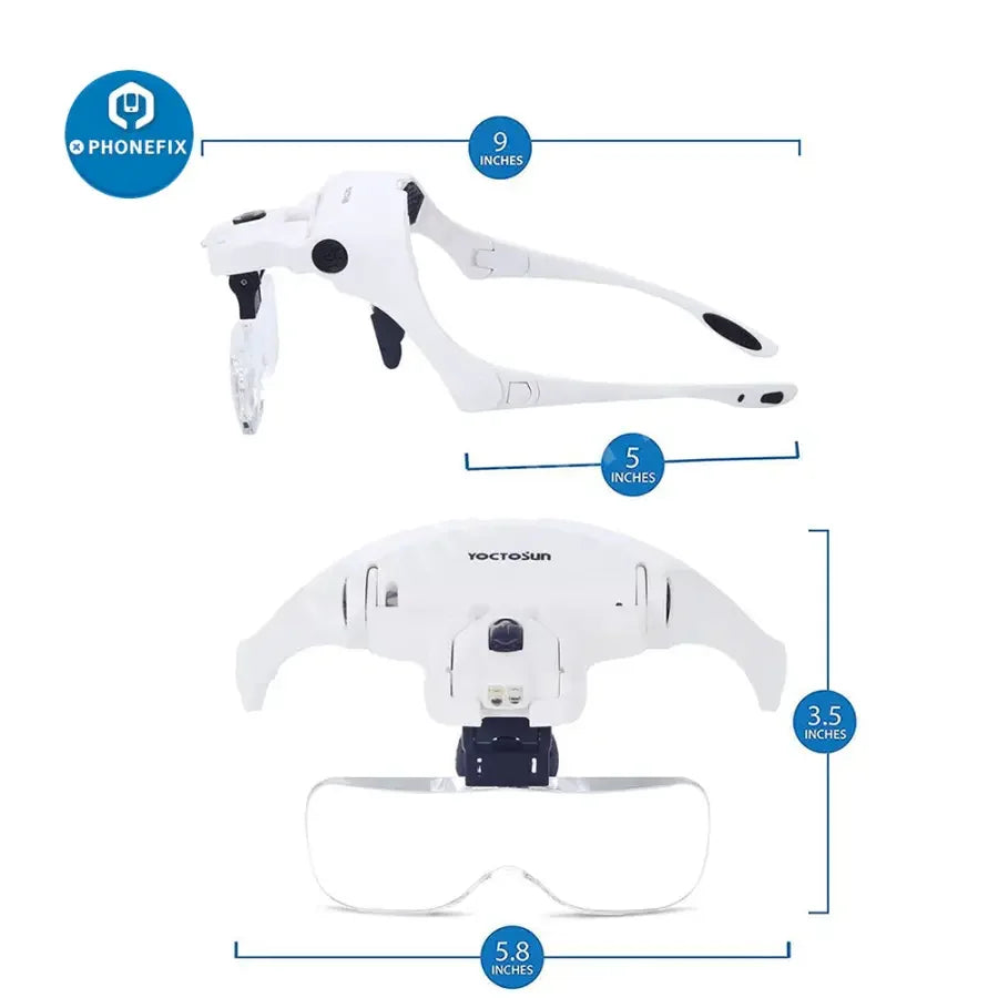 YOCTOSUN LED lighted head magnifier for electronic soldering and reading, featuring adjustable magnifying glass by PHONEFIX.