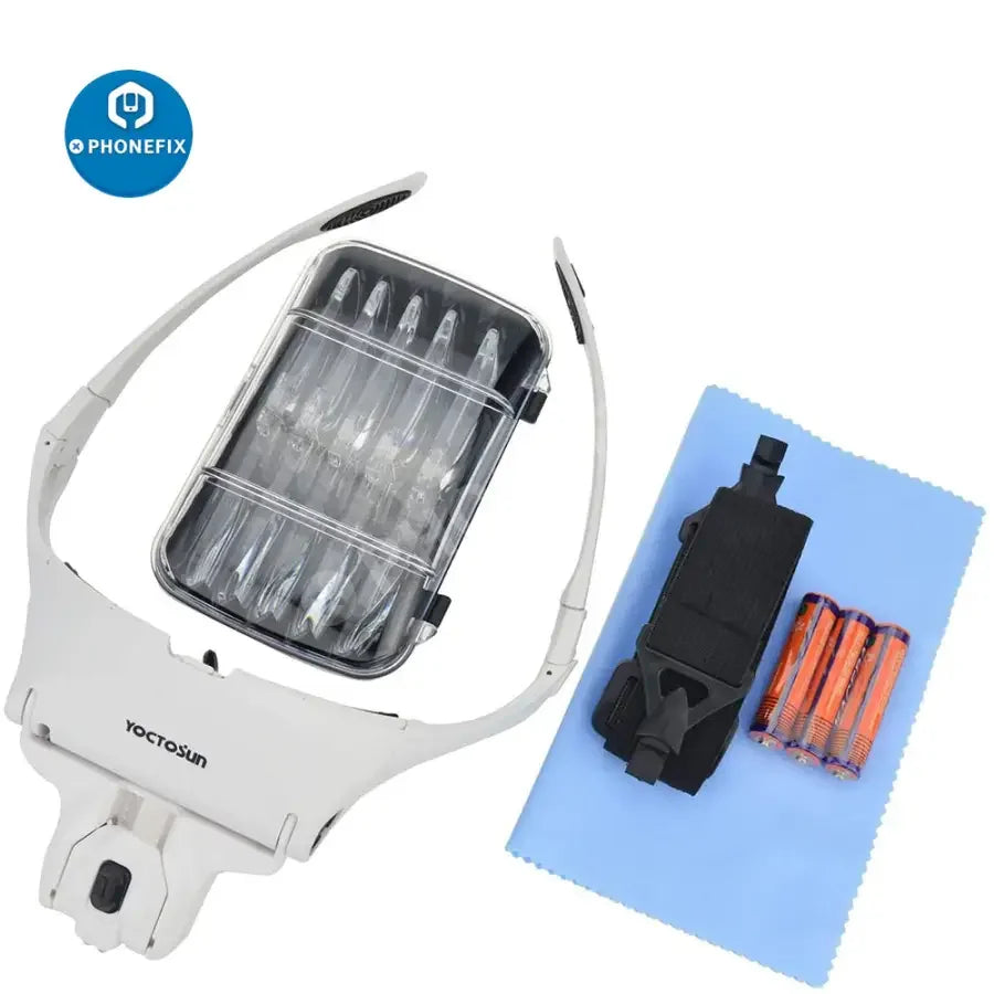 PHONEFIX LED lighted head magnifier for electronic soldering and reading, featuring a high-magnification soldering magnifying glass.