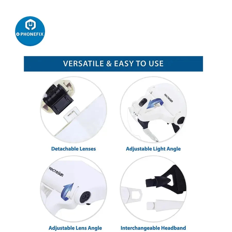 PHONEFIX YOCTOSUN LED lighted head magnifier for electronic soldering and reading, with adjustable magnifying glasses and bright LED illumination.