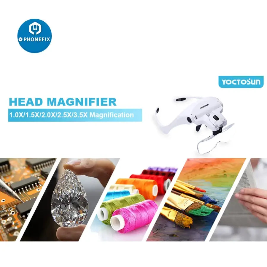 PHONEFIX LED lighted head magnifier for electronic soldering and reading, with adjustable magnifying glass for detailed work.