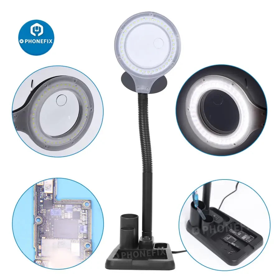 PhoneFix LED desk magnifier lamp with adjustable brightness and 5x, 10x, 40x magnification for soldering and detailed work.