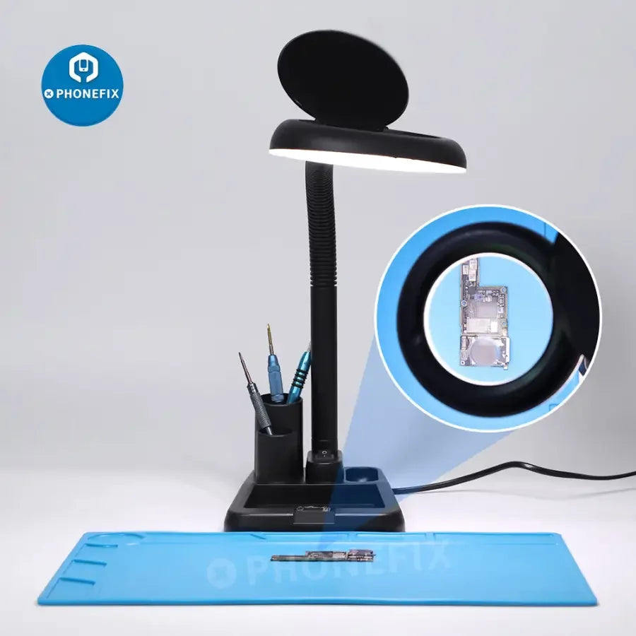 PHONEFIX soldering magnifying glass desk lamp with adjustable LED light, available in 5X, 10X, and 40X magnification for detailed work.