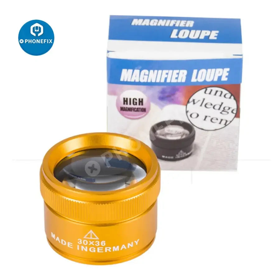 PHONEFIX 30X handheld soldering magnifying glass for phone repair and jewelry identification, shown in golden carton.