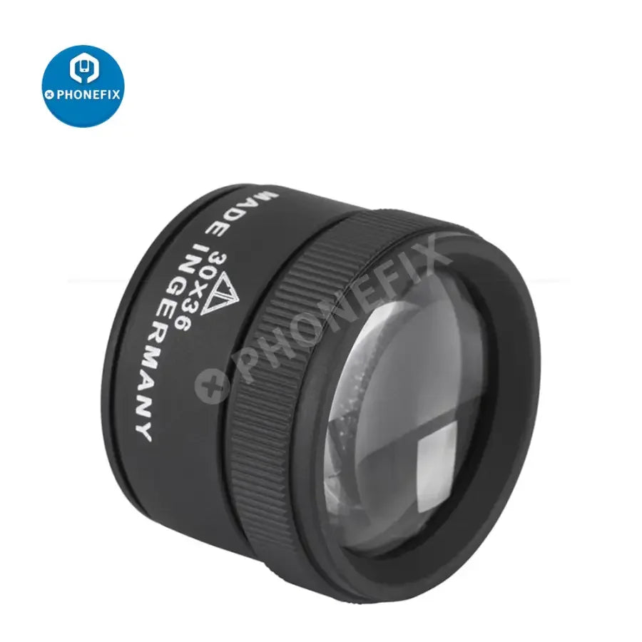 PHONEFIX 30X portable handheld soldering magnifying glass for phone repair and jewelry identification with a golden frame.