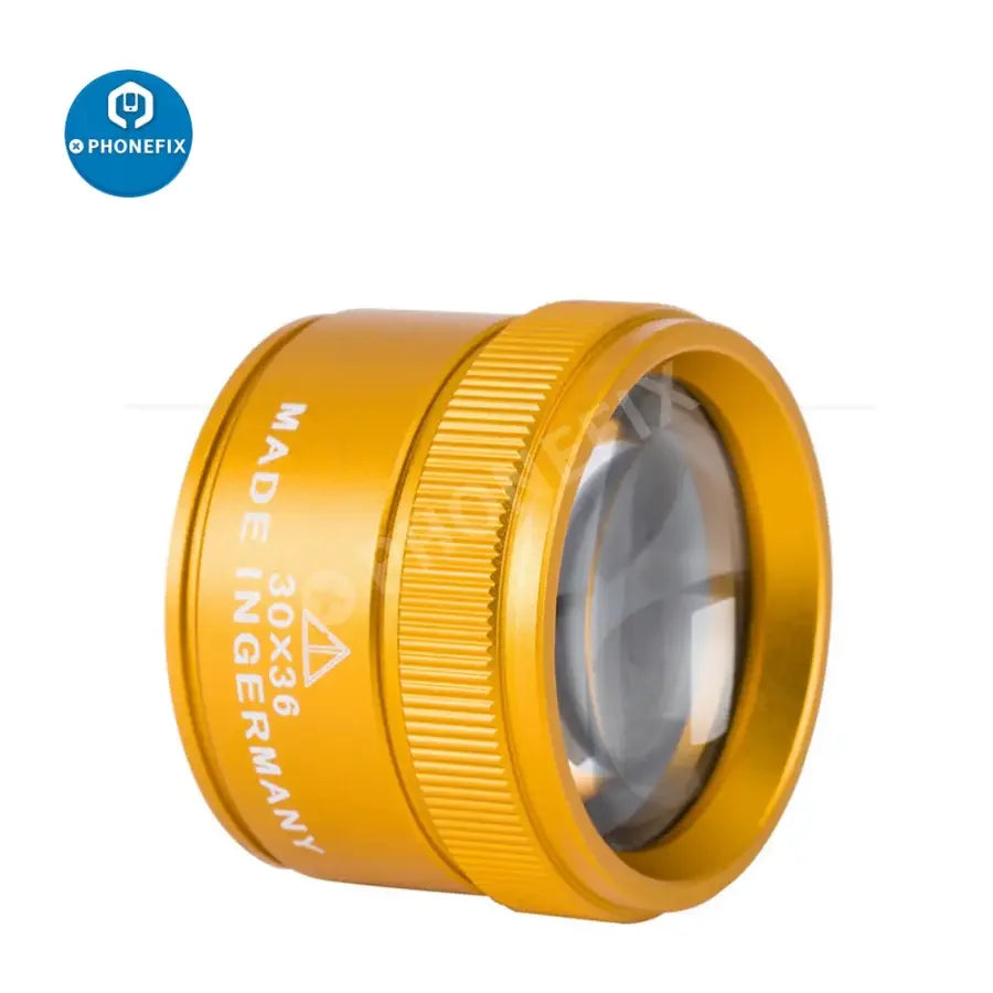 PHONEFIX 30X handheld soldering magnifying glass for phone repair and jewelry identification, featuring a gold-colored frame.