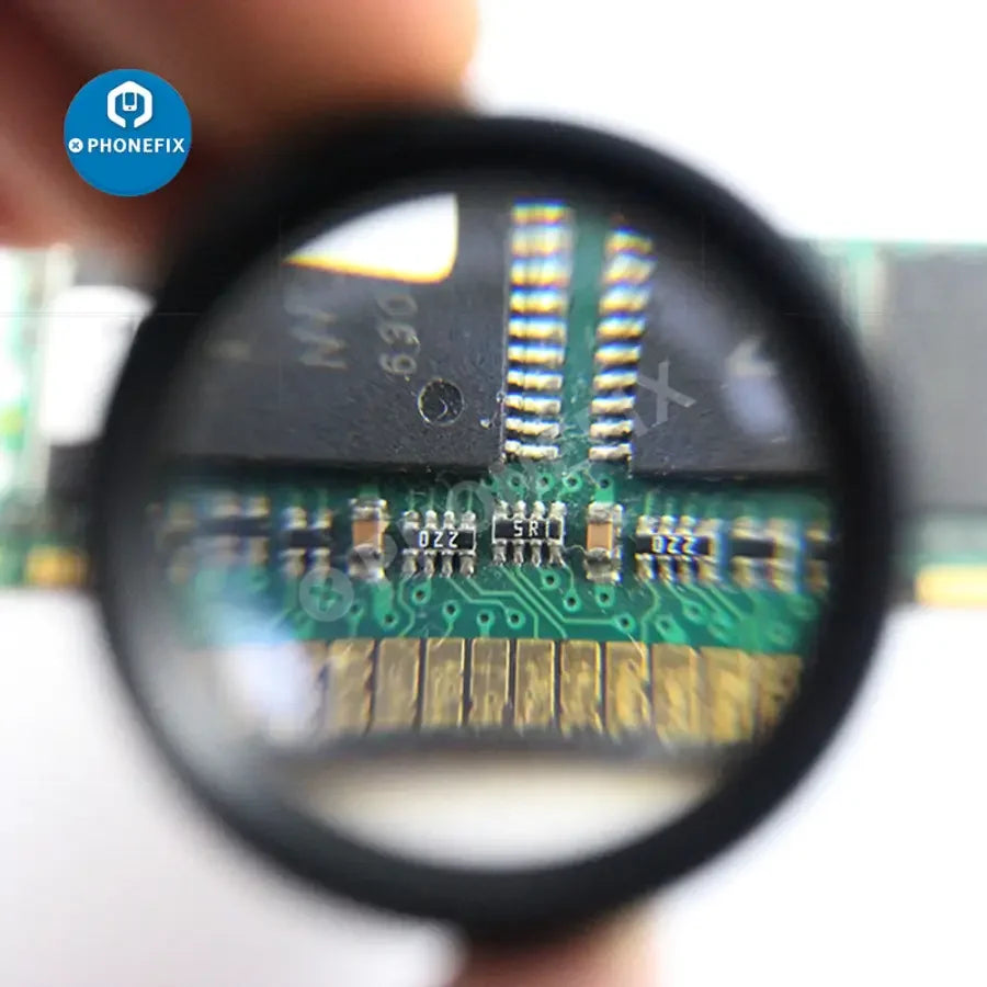PhoneFix 30X handheld soldering magnifying glass for phone repair and jewelry identification, with a golden frame and portable design.