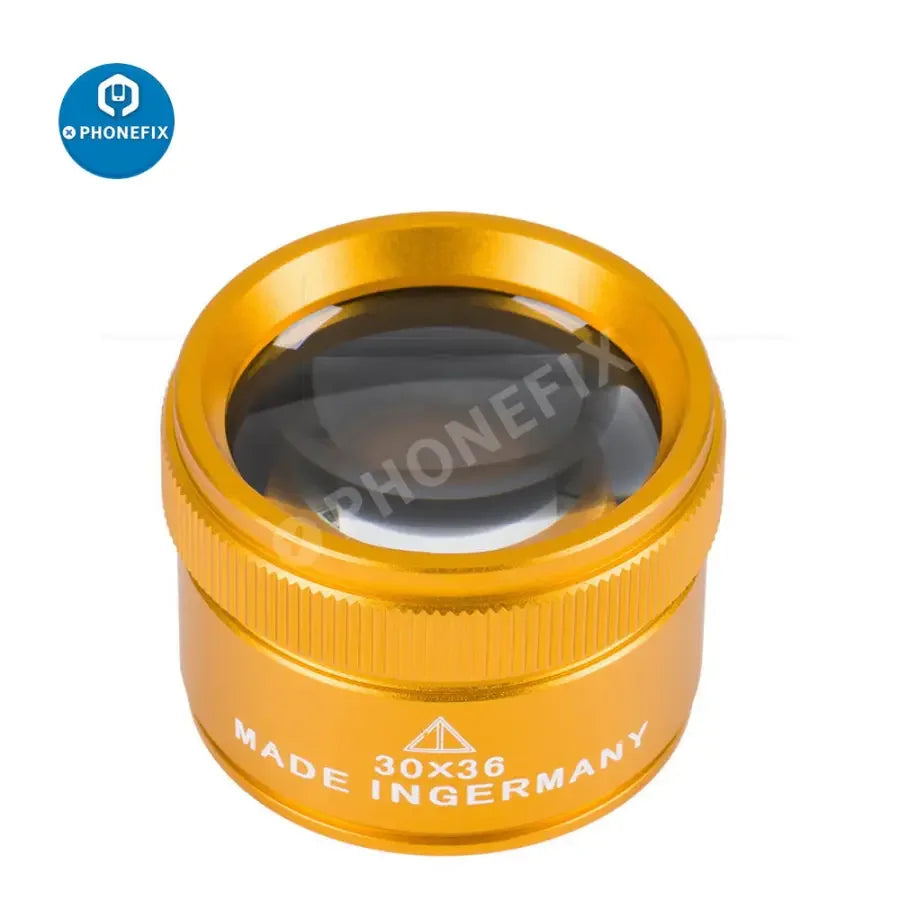 PHONEFIX 30X portable handheld soldering magnifying glass for phone repair and jewelry identification, with a golden frame and clear lens.