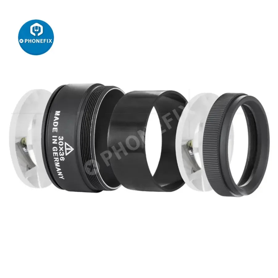 PHONEFIX 30X portable handheld magnifying glass for phone repair and jewelry identification, with golden frame and compact design.
