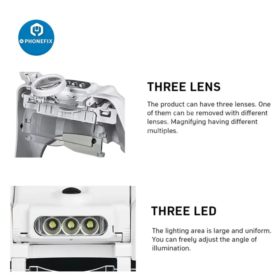 PHONEFIX LED headband magnifying glasses with 1.5-8x zoom, soldering repair tool, featuring built-in LED lights for detailed work.