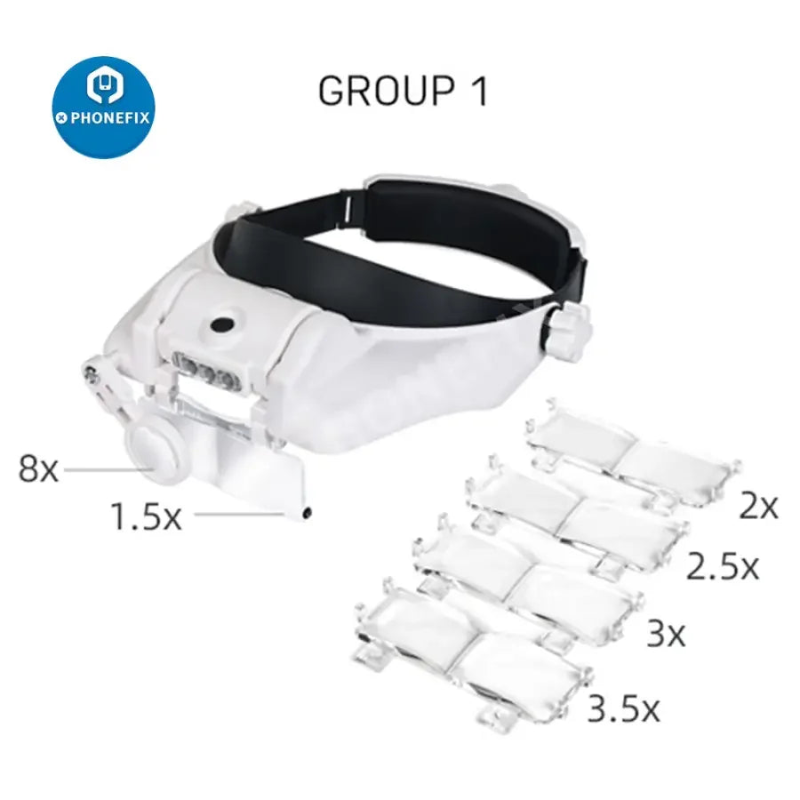 PHONEFIX LED headband magnifying glass with 1.5-8x zoom, soldering repair assist tool, glasses loupe for detailed work.