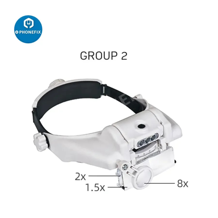 PHONEFIX LED headband magnifying glasses with 1.5-8X zoom, soldering and repair assist tool for detailed electronic work.
