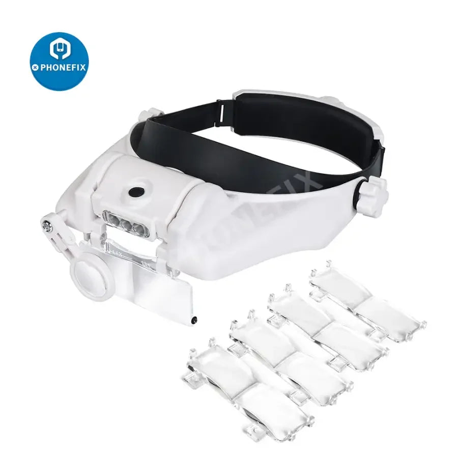 PHONEFIX LED headband magnifying glass with 1.5-8X zoom, soldering loupe for detailed repair work and electronics inspection.
