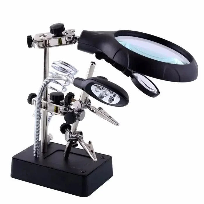 PhoneFix MG16129 desktop welding magnifying glass soldering iron stand showing a magnifier and stand for precise soldering work.