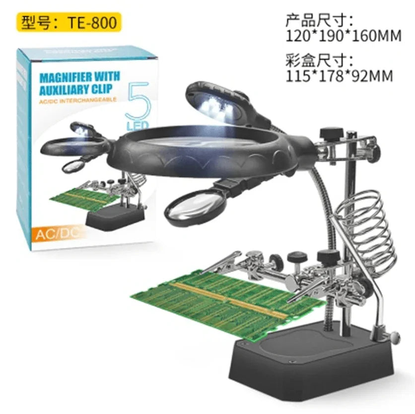 PHONEFIX MG16129 desktop soldering magnifying glass stand with built-in magnifier for precise welding and soldering tasks.