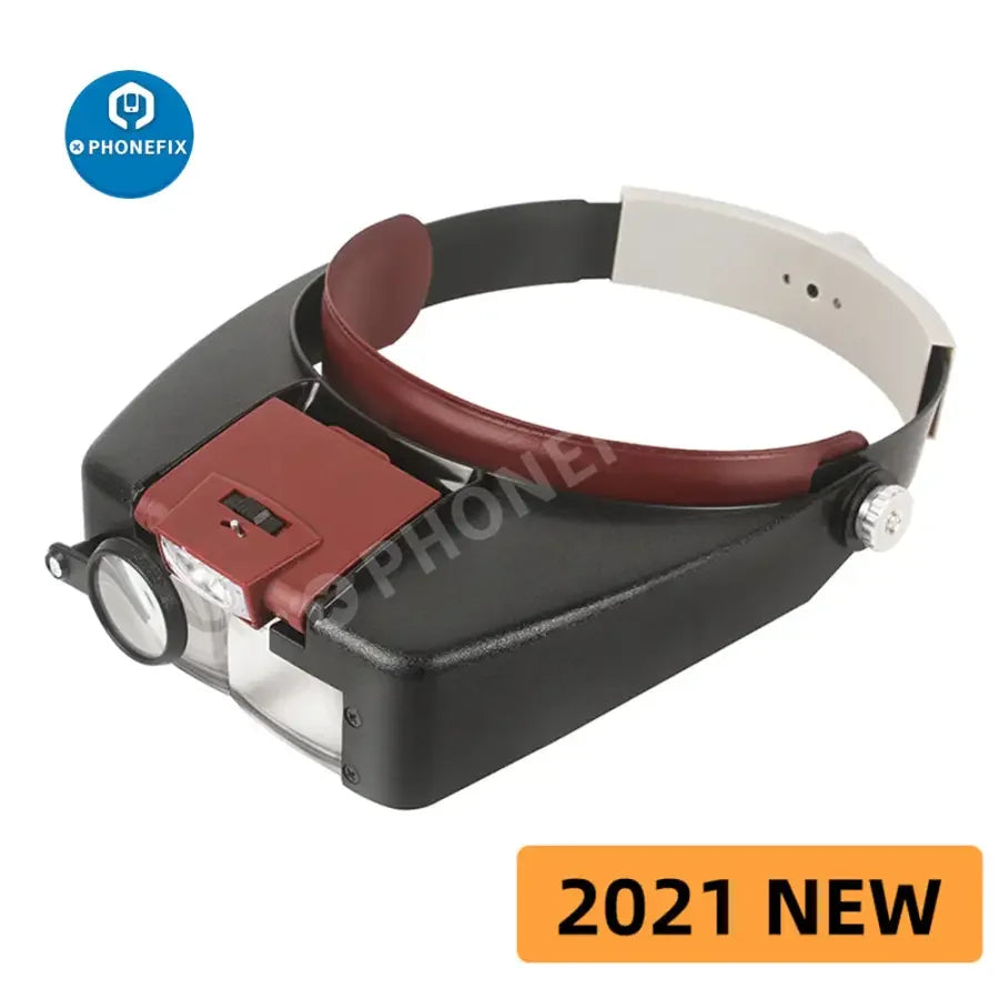 PhoneFix 10X LED light helmet-style magnifying glass for phone repair, soldering, with adjustable head strap and bright illumination.