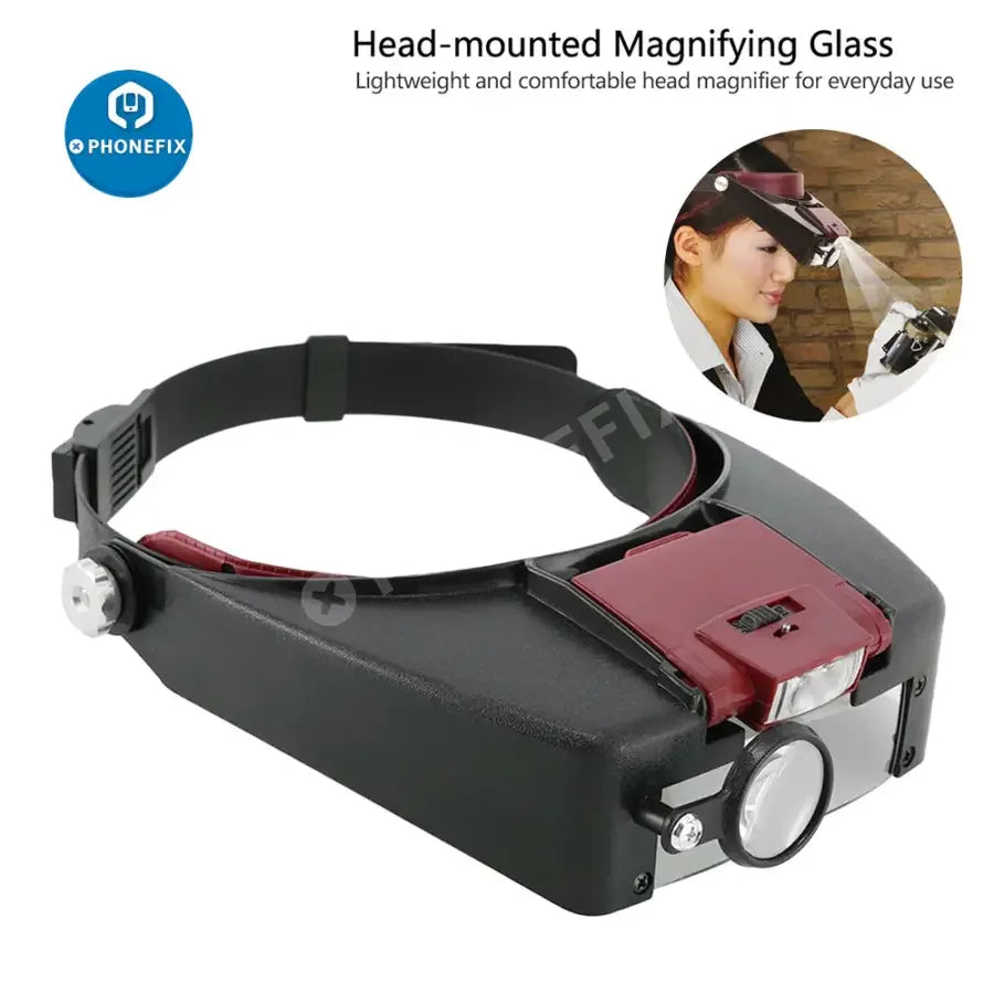 PhoneFix 10x LED light loupe helmet-style magnifying glass for phone repair, soldering and detailed electronic work.