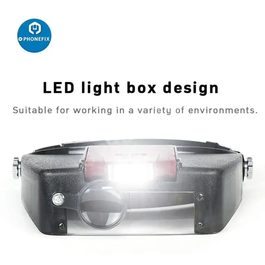 PHONEFIX 10X LED light loupe helmet-style magnifier glass for phone repair, featuring magnification and hands-free illumination.