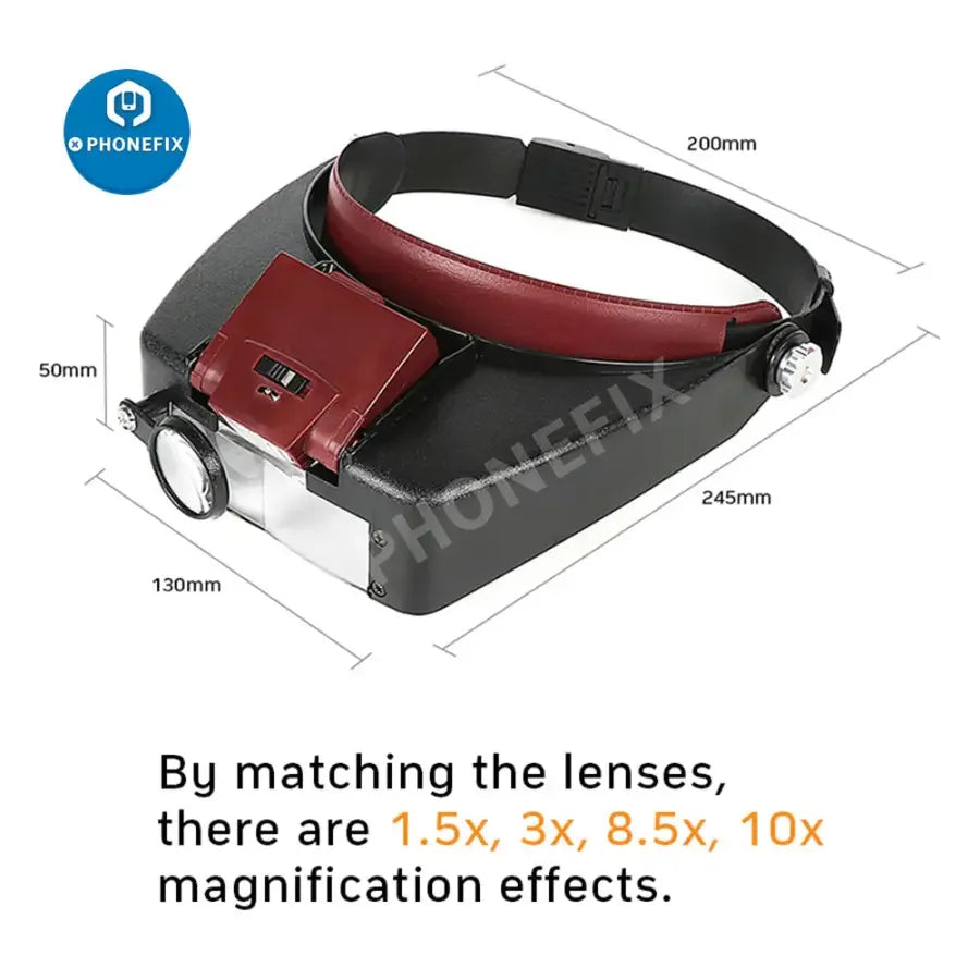 PhoneFix helmet-style 10x LED light loupe magnifier glass for phone repair, soldering magnifying glass with built-in LED illumination.