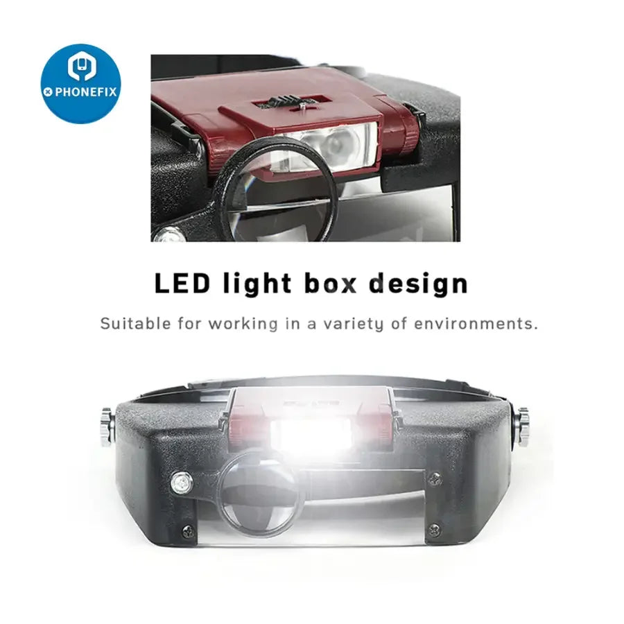 PHONEFIX 10X LED light loupe helmet-style magnifier for phone repair, featuring a soldering magnifying glass for detailed work.