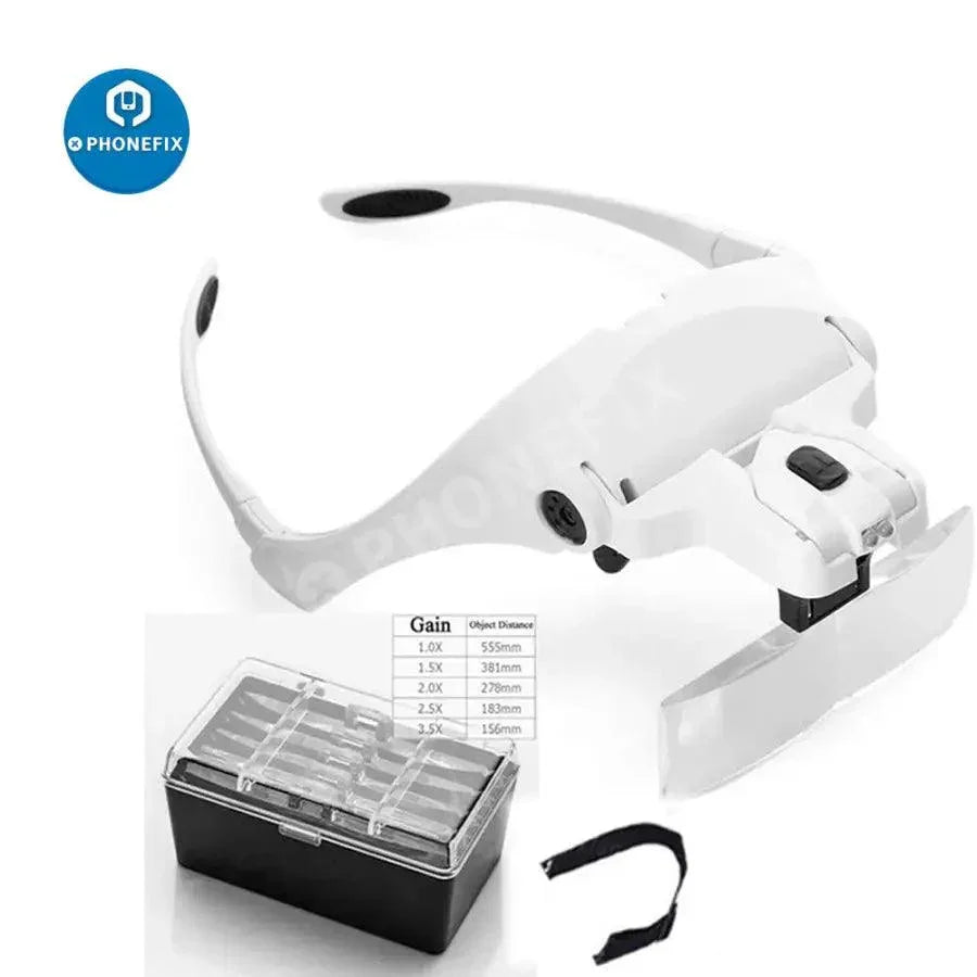 PHONEFIX adjustable 1.0x-3.5x LED magnifying glasses with headband for soldering and detailed electronic work.