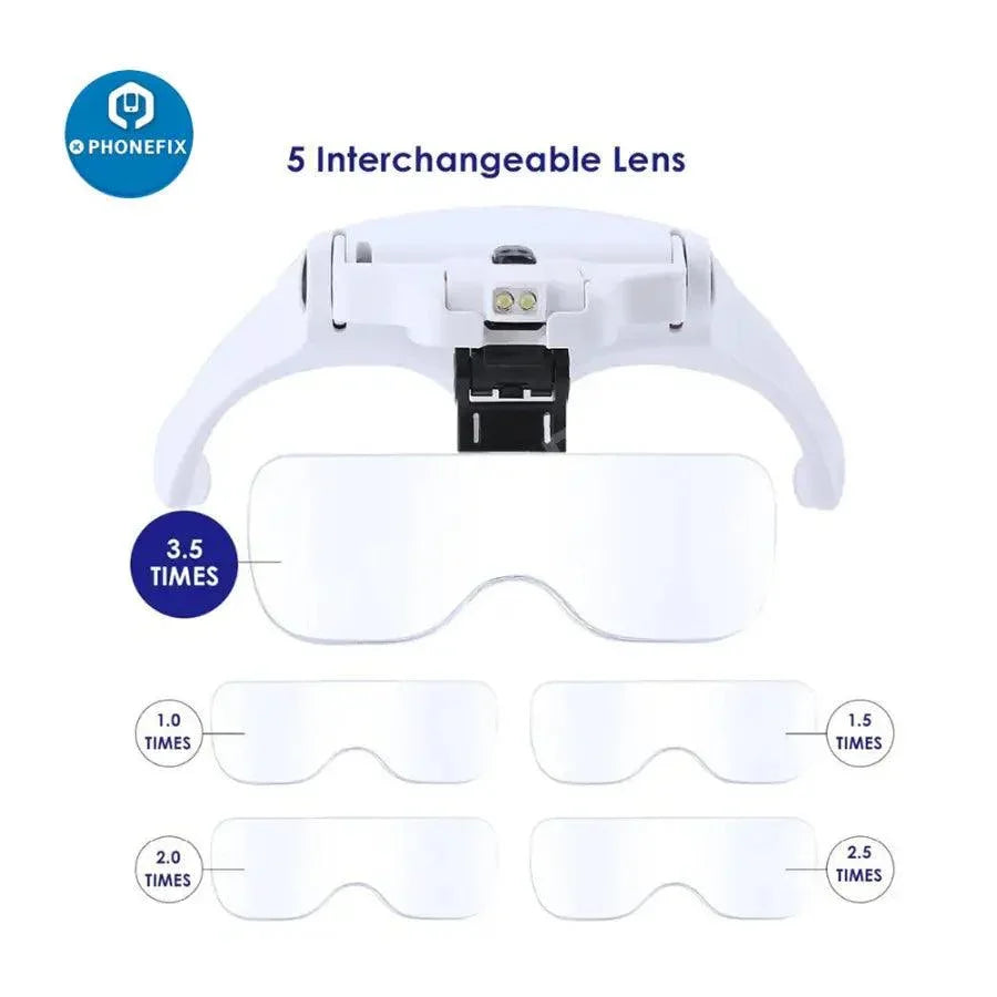PHONEFIX adjustable 1.0x-3.5x LED magnifying glasses with headband, ideal for soldering and detailed electronic work.