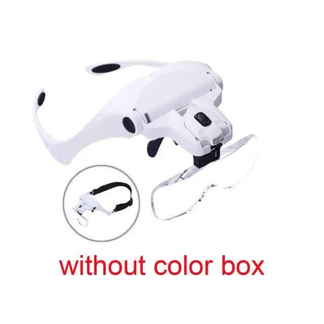 PHONEFIX adjustable headband LED magnifying glasses with 1.0X-3.5X lens for soldering and detailed electronic work.
