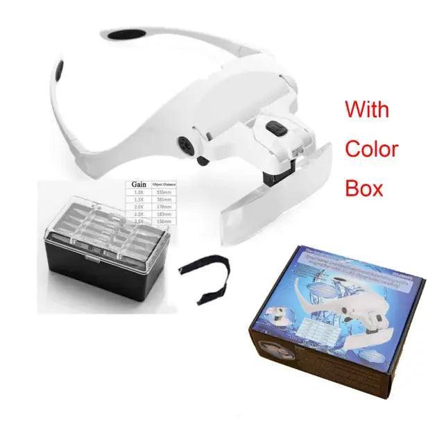 PHONEFIX adjustable LED magnifying glasses with 1.0x to 3.5x lens for precise soldering and detailed work, headband design.
