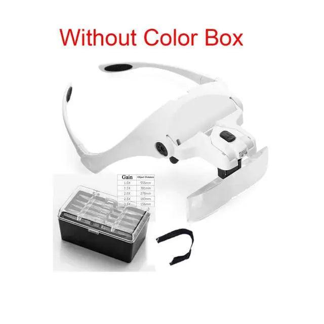 PHONEFIX adjustable 1.0x-3.5x magnifying glasses with LED light, headband design, ideal for soldering and detailed work.