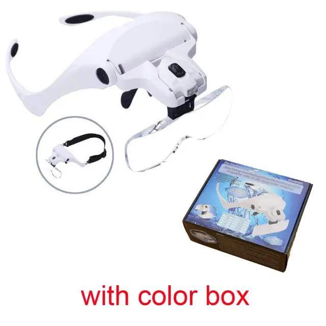 PHONEFIX adjustable 1.0x-3.5x LED magnifying glasses with headband, ideal for soldering and detailed electronic work.
