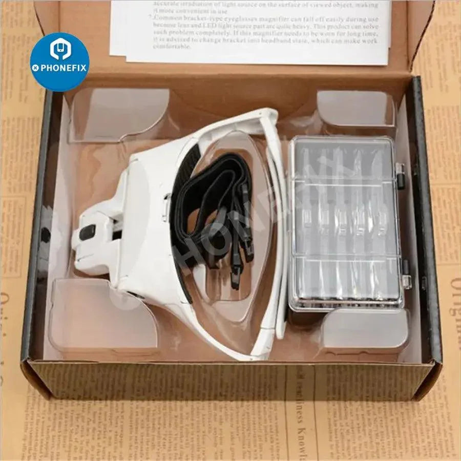 PHONEFIX adjustable 1.0x-3.5x LED magnifying glasses with headband, ideal for soldering and detailed electronic work.