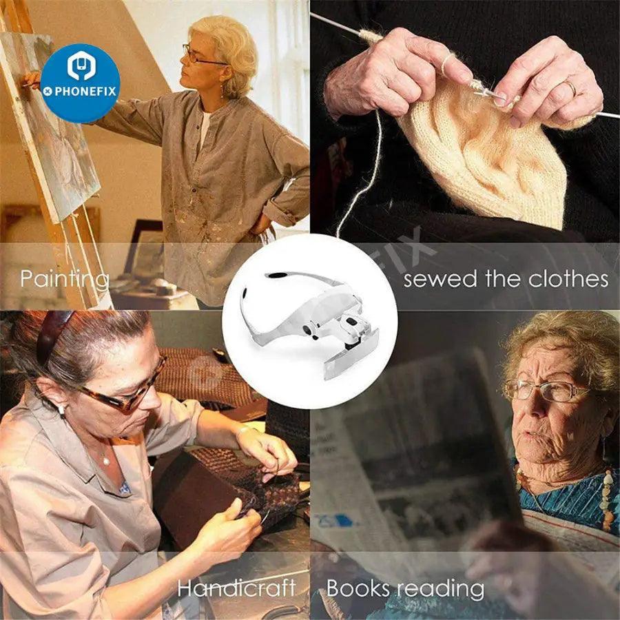PHONEFIX adjustable 1.0x-3.5x LED magnifying glasses with headband for detailed soldering and precision work.
