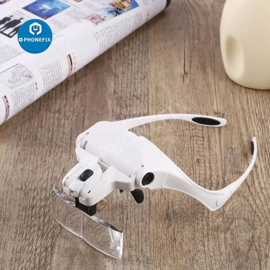 PHONEFIX adjustable 1.0x-3.5x LED magnifying glasses with headband for soldering and detailed electronic work.