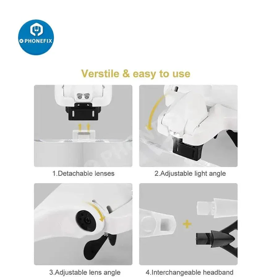 PhoneFix adjustable 1.0x-3.5x LED magnifying glasses with headband for soldering and detailed electronic work.