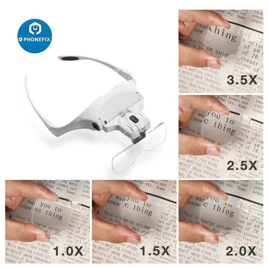 PhoneFix adjustable 1.0x-3.5x LED magnifying glasses with headband for soldering and detailed electronic work.