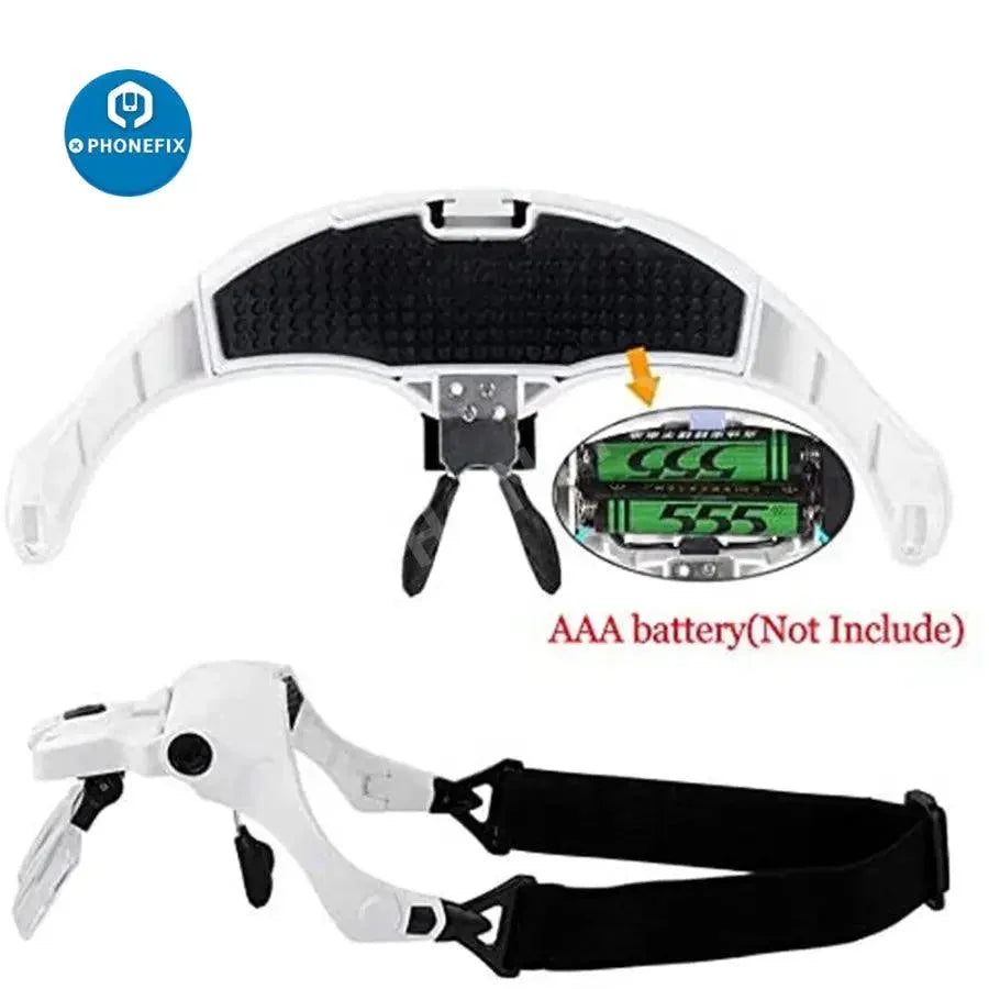 PHONEFIX adjustable headband magnifying glasses with LED light and 1.0x-3.5x lens, used for detailed soldering and electronic work.