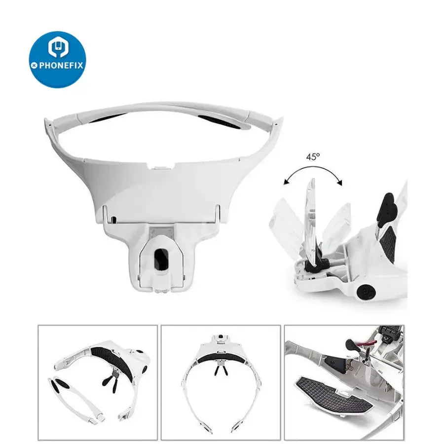 PHONEFIX adjustable 1.0x-3.5x LED magnifying glasses with headband, ideal for soldering and detailed electronic work.
