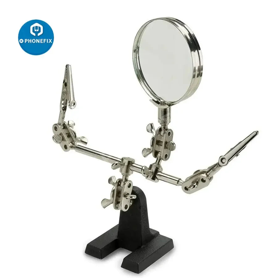 PHONEFIX soldering magnifying glass with adjustable stand and dual clips, ideal for detailed electronic repairs.