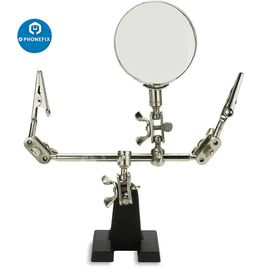 PHONEFIX soldering magnifying glass with adjustable stand and dual clips, ideal for precise electronics work.
