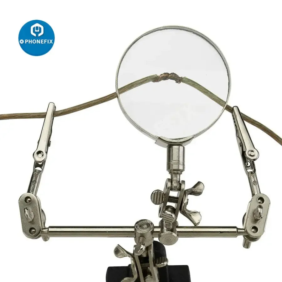 PHONEFIX soldering magnifying glass with adjustable stand and dual clips, ideal for detailed electronic repairs.
