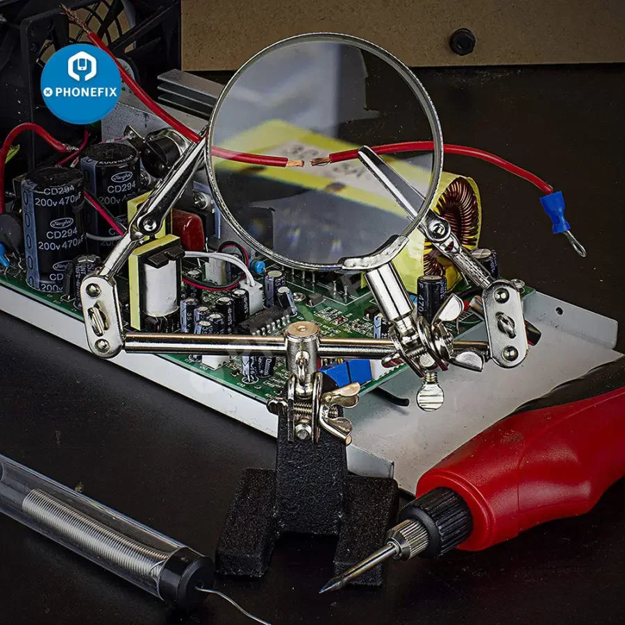 PHONEFIX soldering magnifying glass with adjustable stand and dual clips, ideal for detailed electronics work.