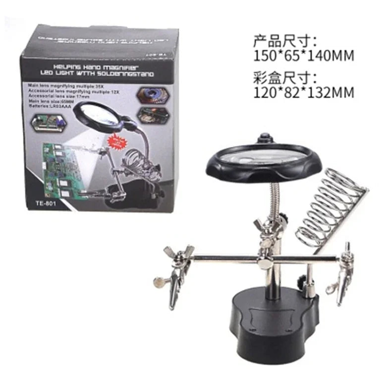 PHONEFIX soldering magnifying glass with adjustable stand and dual clips, featuring a built-in magnifying lens for detailed work.