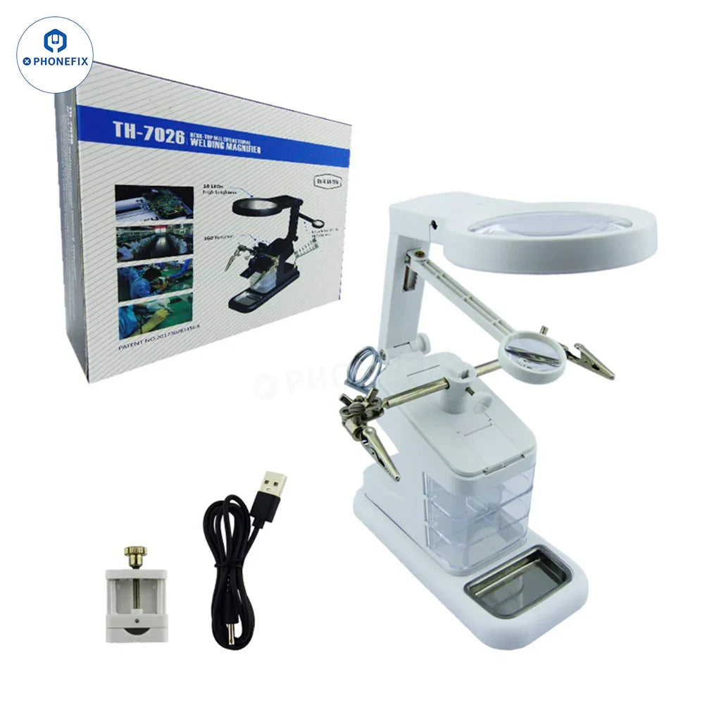 PHONEFIX TH 7026 desktop soldering magnifying glass with 10 LED lights, featuring a clear lens for detailed electronic work.