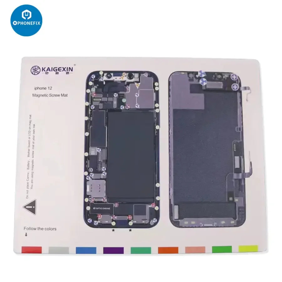PHONEFIX magnetic screw mat for iPhone 12-14 Pro Max, soldering parts storage pad with magnetic compartments for easy component organization.