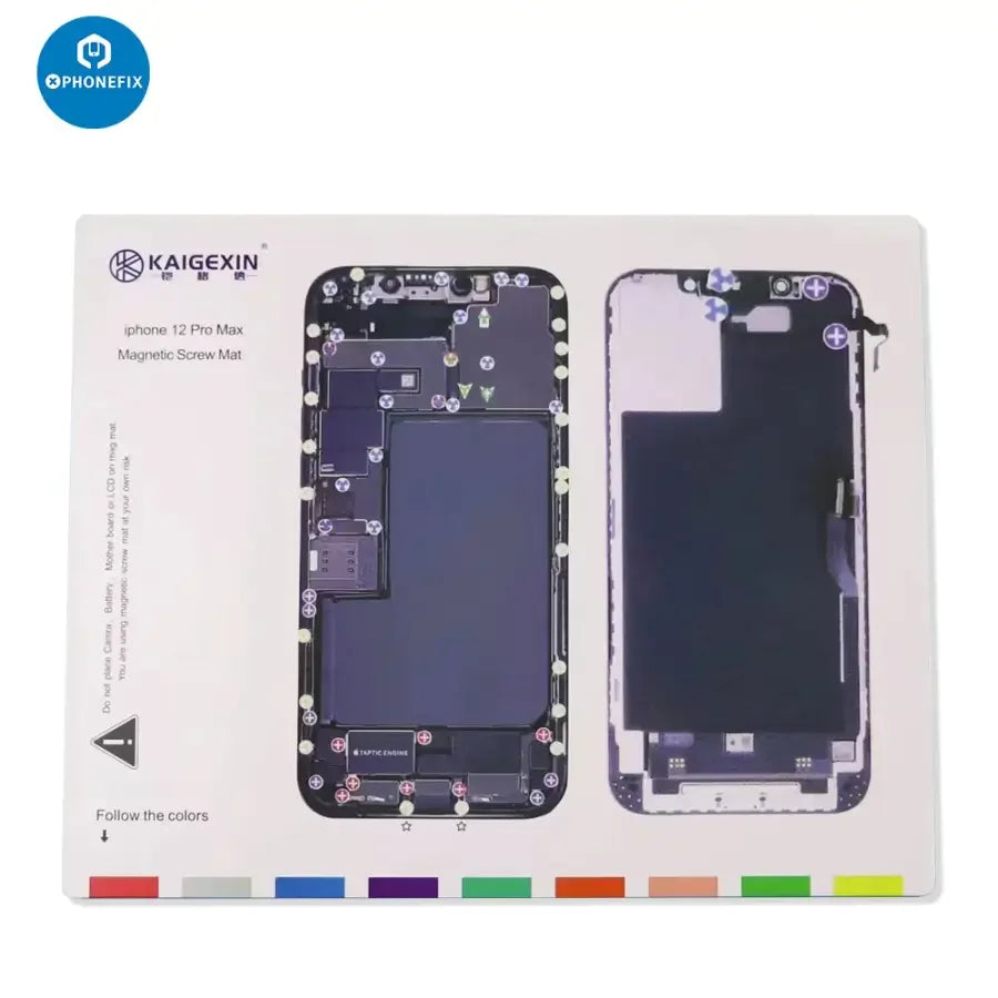PhoneFix magnetic screw mat for iPhone 12-14 Pro Max, soldering parts storage pad with magnetic sections for easy organization.