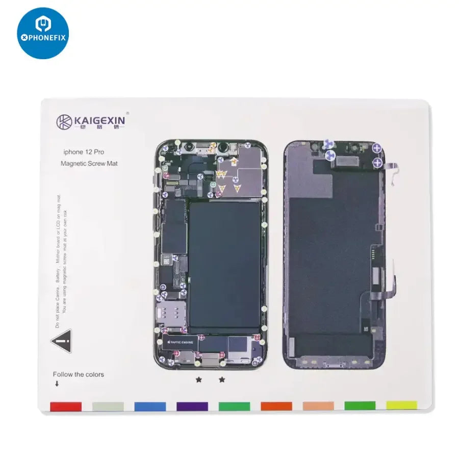 PHONEFIX magnetic screw mat for iPhone 12-14 Pro Max, soldering parts storage pad with magnetic compartments for repair work.