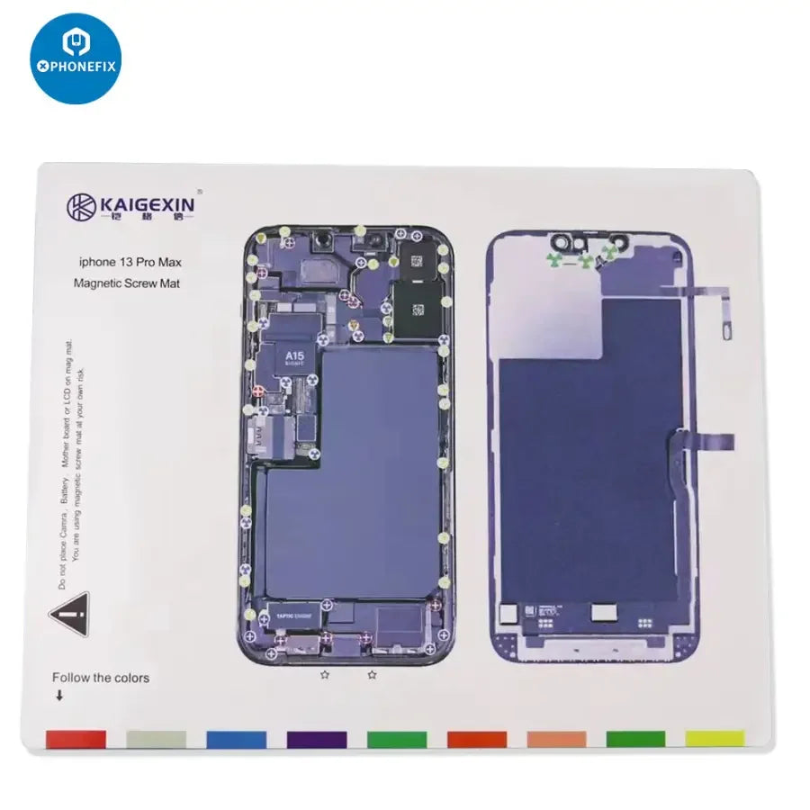 PHONEFIX magnetic soldering screw mat for iPhone 12-14 Pro Max, parts storage pad with magnetic compartments for easy organization.