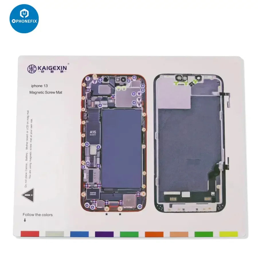 PhoneFix magnetic soldering screw mat and parts storage pad for iPhone 12-14 Pro Max, keeps screws organized during repairs.