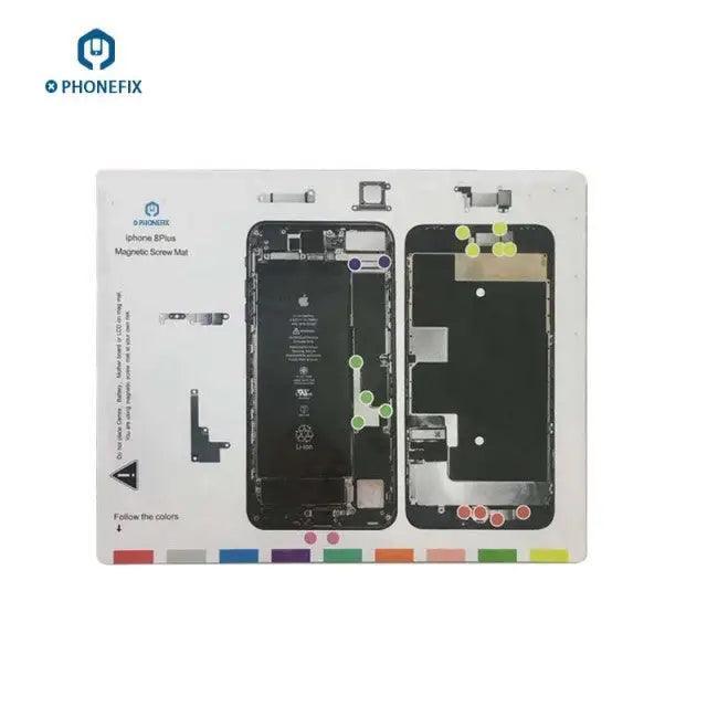 Magnetic screw mat for iPhone 6 to 15 Pro Max disassembly, PhoneFix soldering guide pad with magnetic screw holder on a workspace.